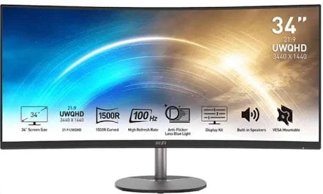 MSI PRO MP341CQ 34" 2K 100Hz 1500R VA UWQHD with built-in speaker Pro Monitor - SevenTwentyOne